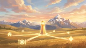 A painterly illustration of the Alberta landscape featuring a glowing central beacon connected by light paths to icons representing shelter, food, and medical resources.