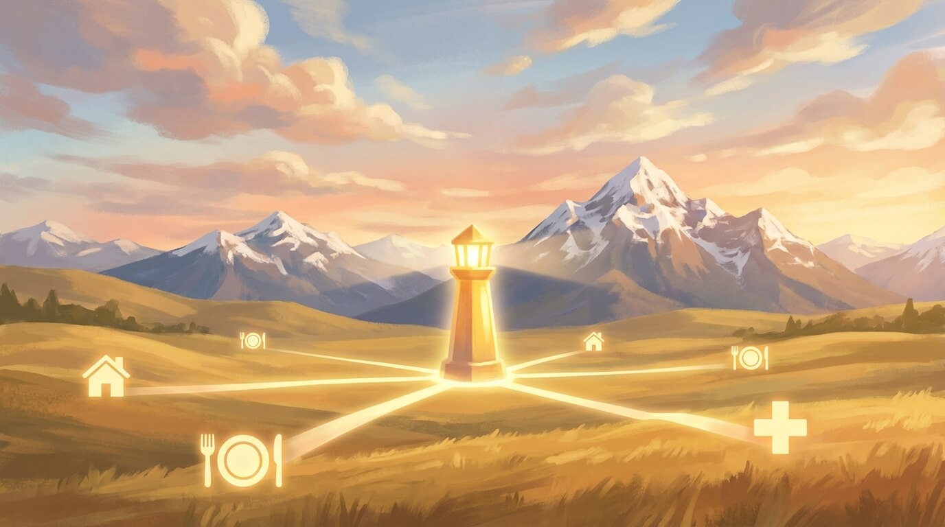 A painterly illustration of the Alberta landscape featuring a glowing central beacon connected by light paths to icons representing shelter, food, and medical resources.