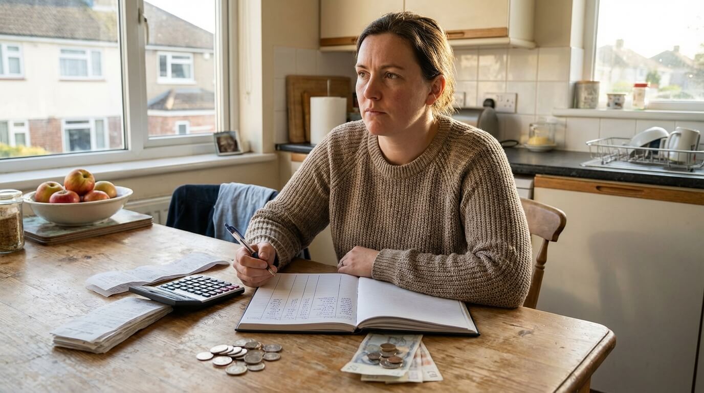 A candid photograph of a person at a kitchen table with receipts, cash, and a notebook, actively working on their household budget.