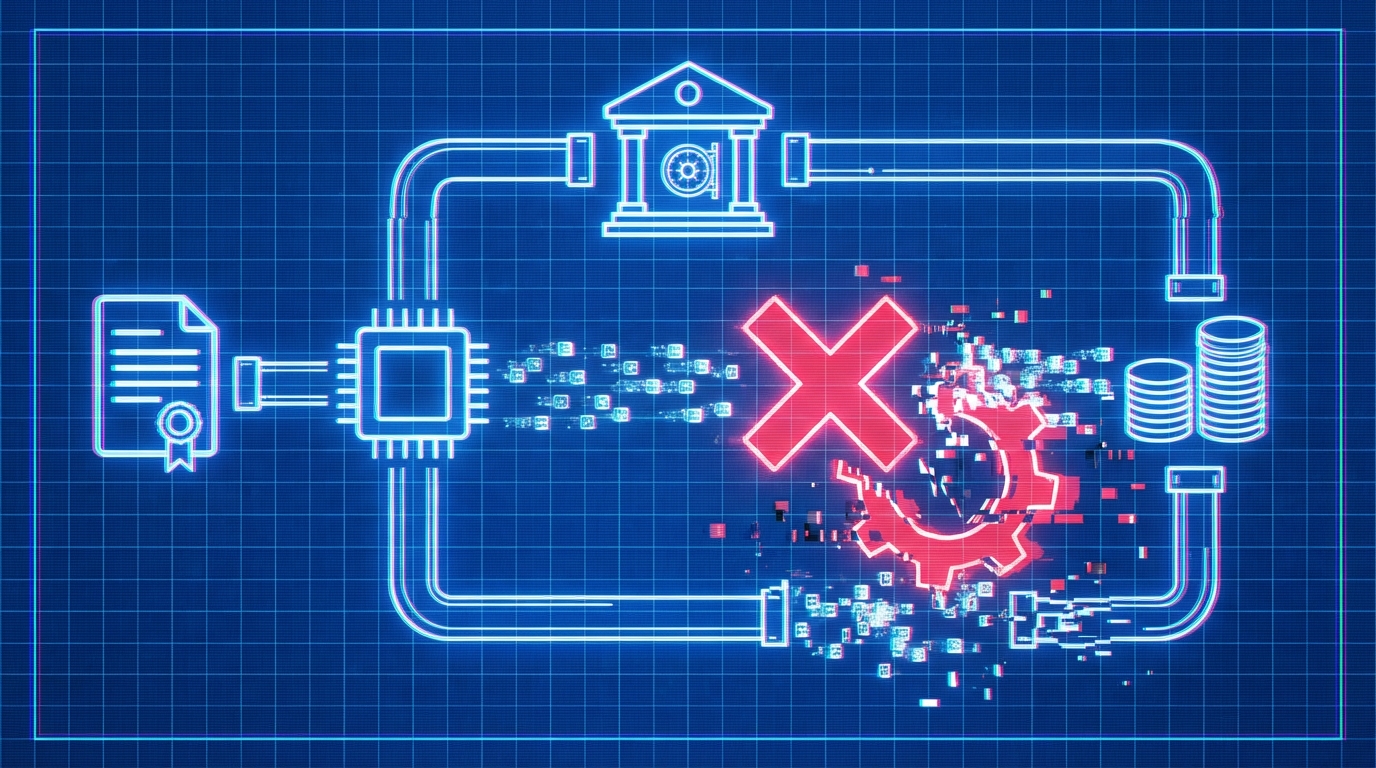 A technical blueprint schematic illustration showing a financial application pipeline blocked by a glowing red error symbol and broken gear, representing reasons for loan denials.