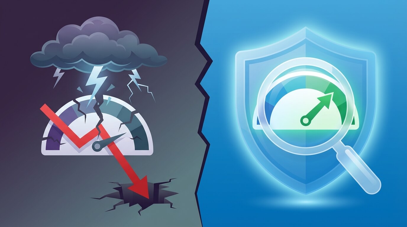 A split-panel illustration contrasting a stormy, damaged credit score gauge on the left representing the "myth" of hurting your score, with a calm, shielded credit score gauge being checked by a magnifying glass on the right representing the "reality" of a soft inquiry.