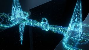 A 3D visualization of a glowing, encrypted data conduit with a central padlock icon connecting two digital structures, representing the secure Instant Bank Verification (IBV) data transfer.