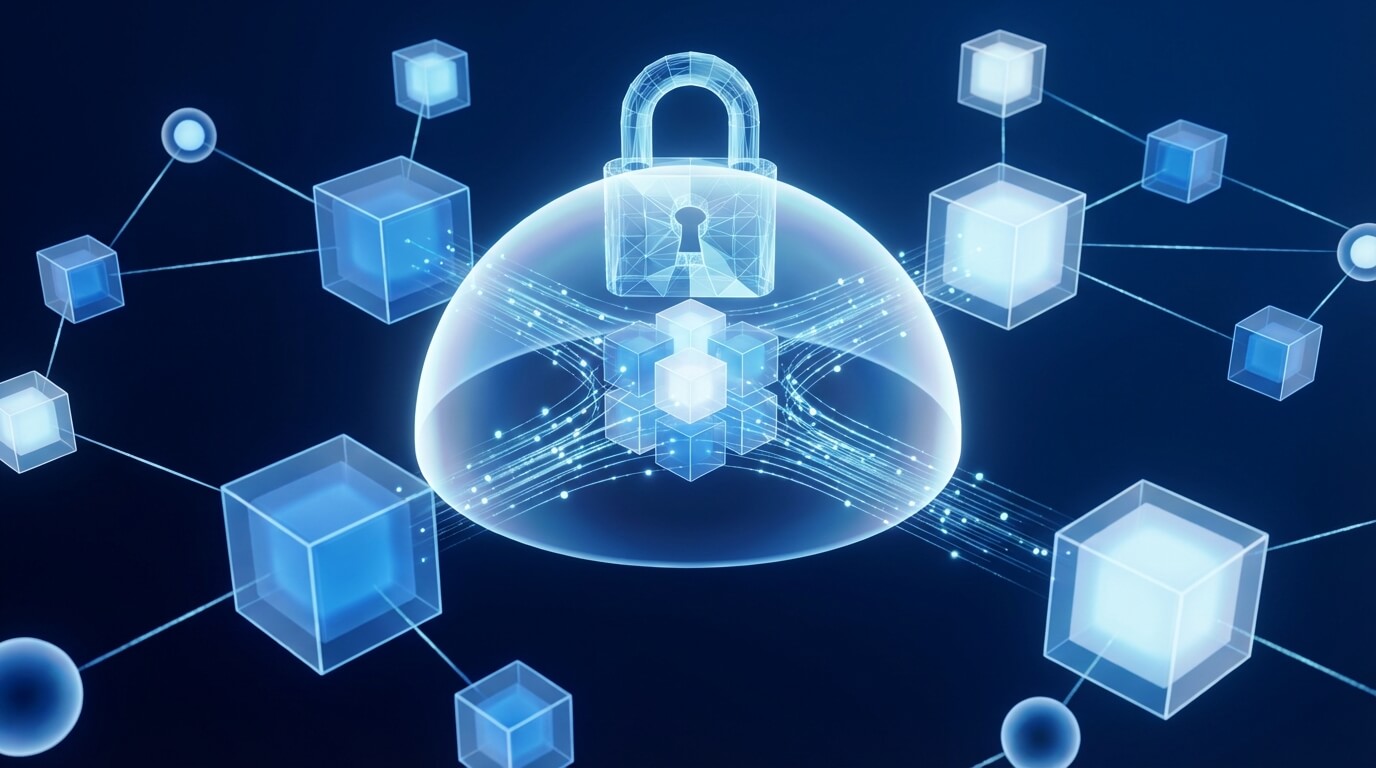 An abstract 3D visualization of a secure, glowing network with a central padlock icon forming a protective dome around data cubes, representing privacy in the future of Open Banking.