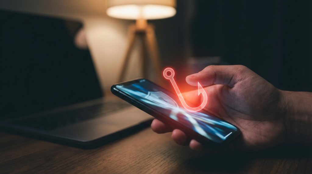 A photograph of a hand holding a smartphone with a glowing red digital phishing hook emerging from the screen, representing online payday loan scams.