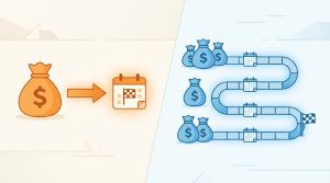 A flat vector illustration comparing a short, single-payment repayment path for a payday loan on the left against a longer, multi-payment path for an installment loan on the right.