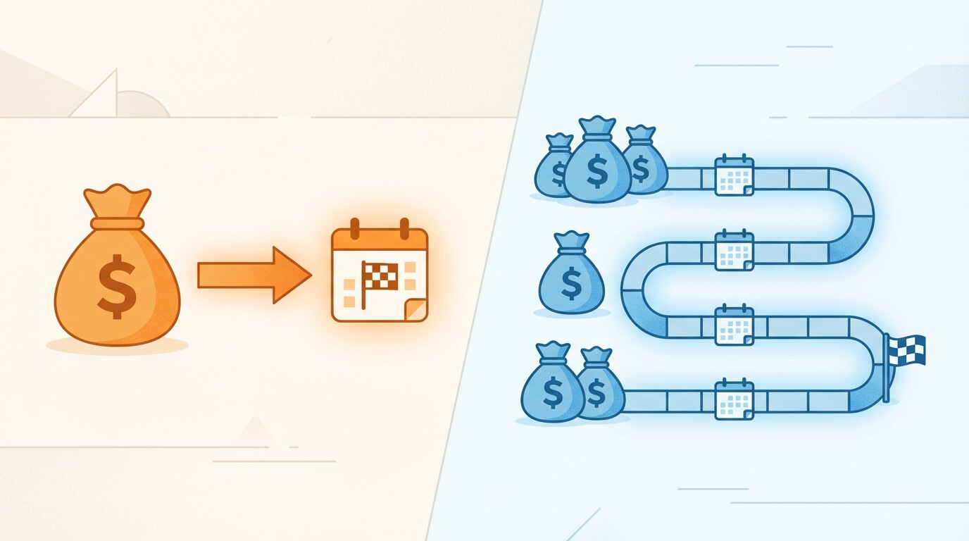 A flat vector illustration comparing a short, single-payment repayment path for a payday loan on the left against a longer, multi-payment path for an installment loan on the right.