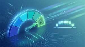 Isometric illustration showing a stable credit score gauge next to a short-term loan icon.