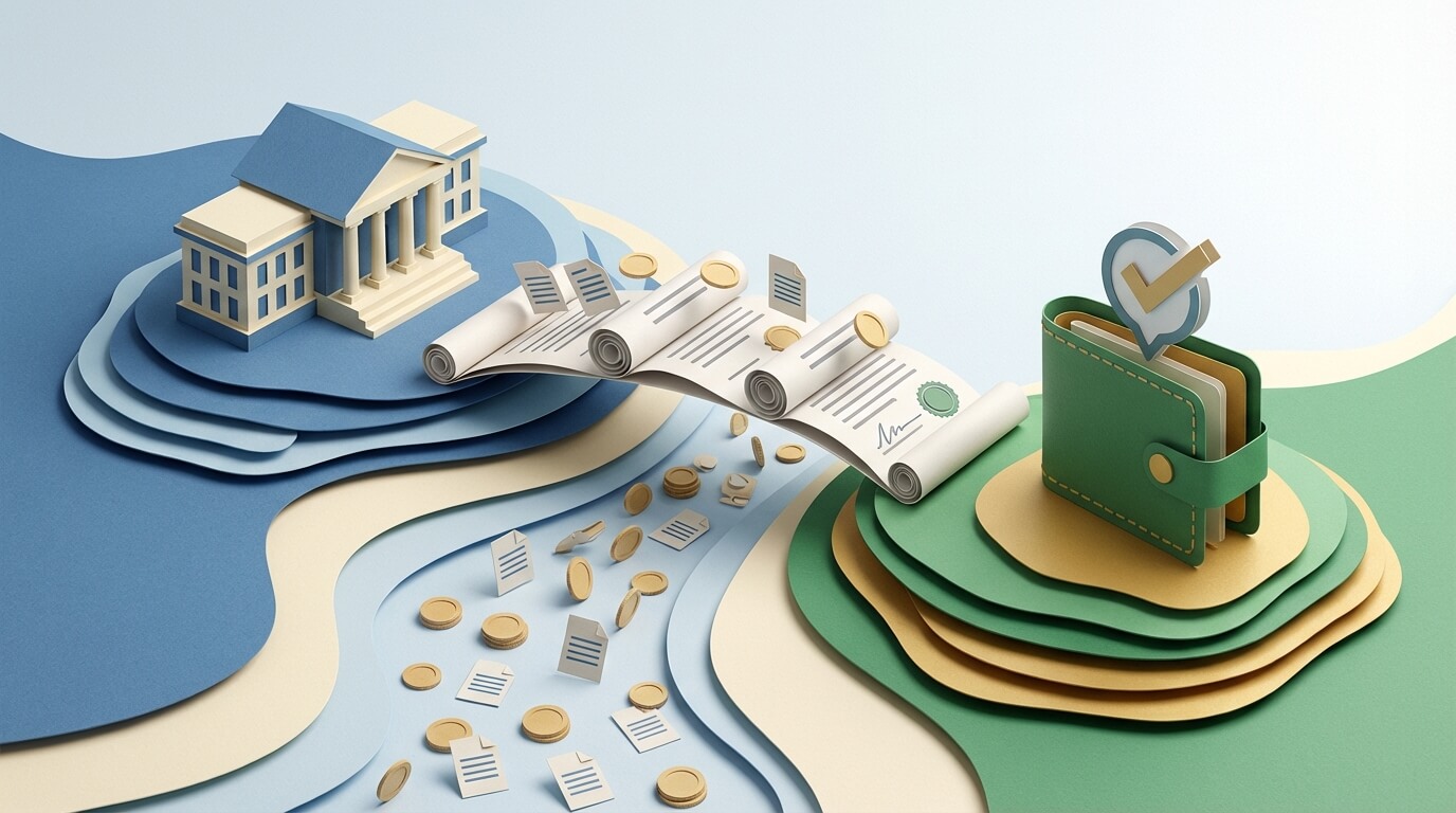 A layered paper-craft illustration showing a bridge made of documents connecting official government buildings to a personal wallet, representing qualifying for a loan using benefit income.