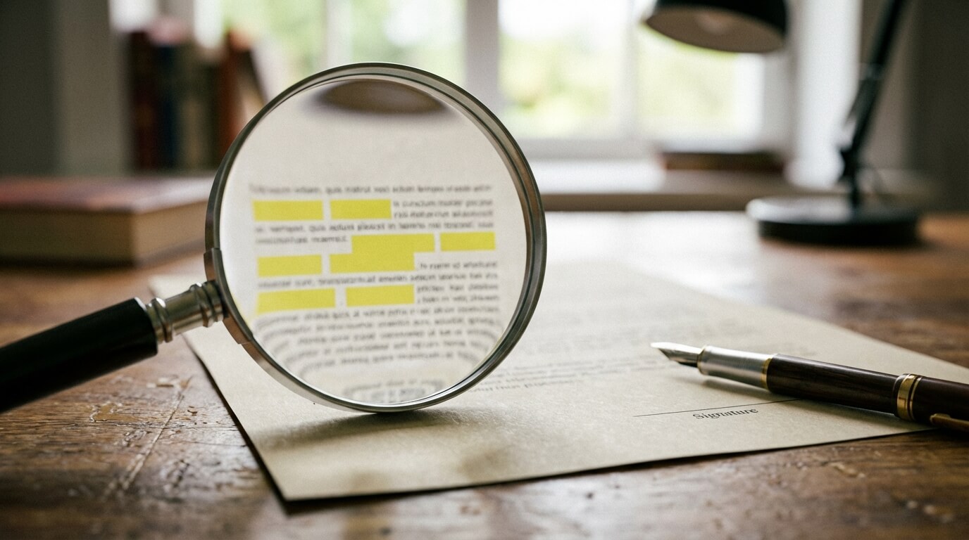 A macro photograph of a magnifying glass hovering over five highlighted sections on a loan agreement document, with a pen resting near the signature line.